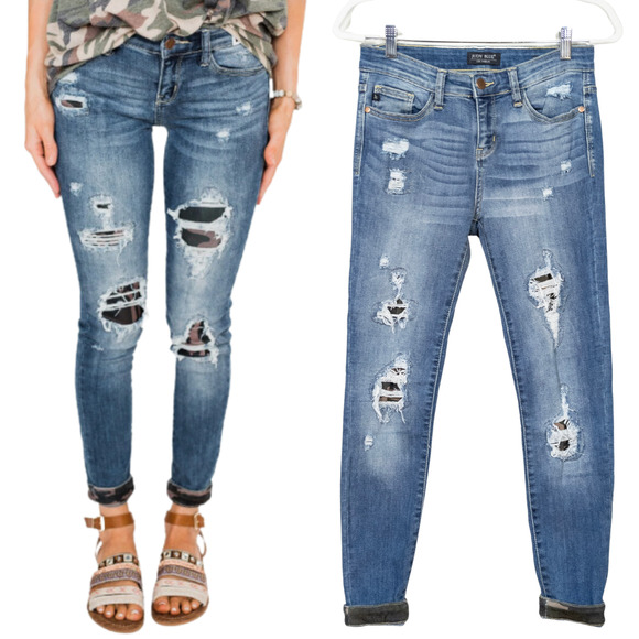 JUDY BLUE Janette Skinny Fit Camo Patch Distressed Stretch Jeans Women's 28 - Picture 1 of 6
